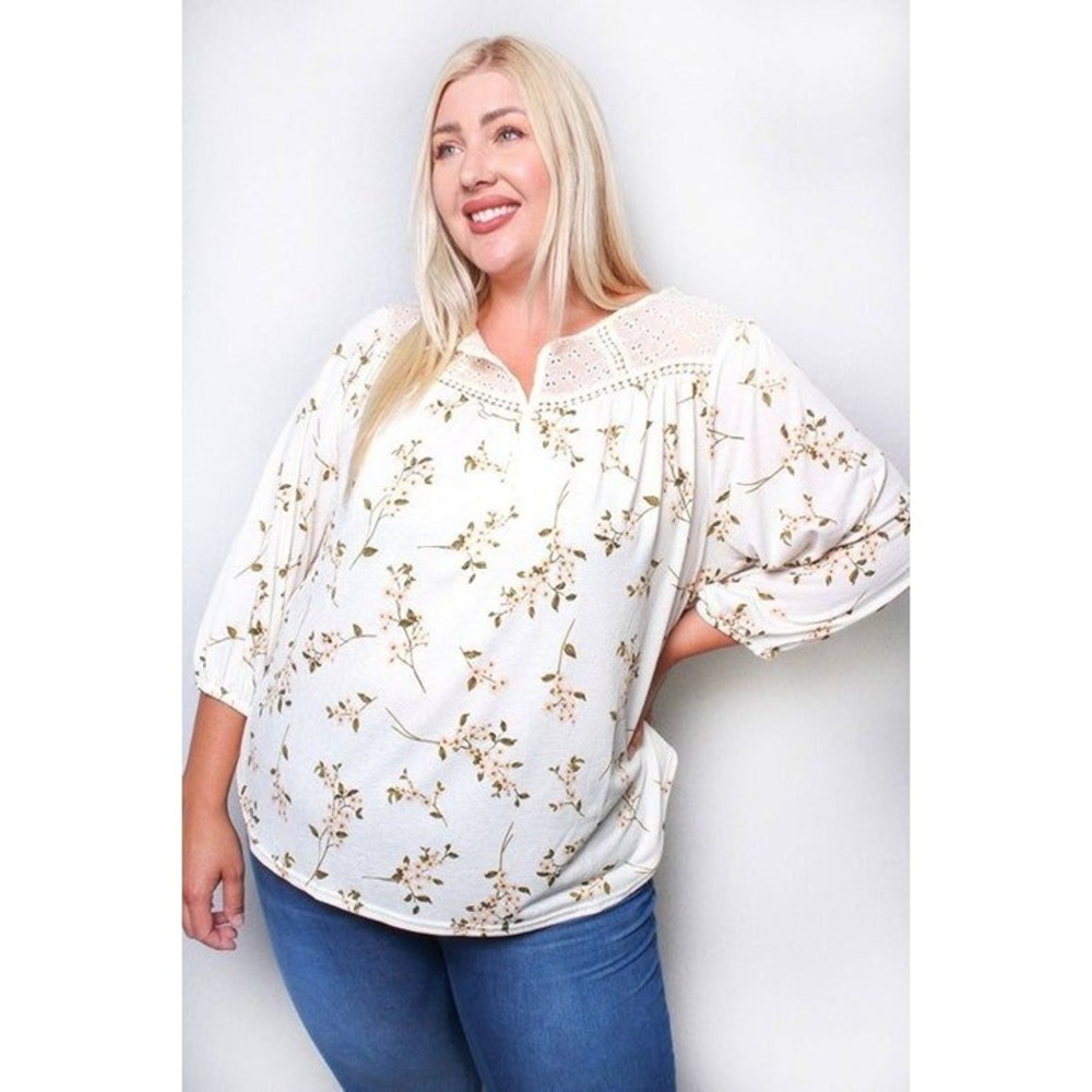 Plus Size Floral Print Blouse With Lace Yoke & 3/4 Sleeves Small
